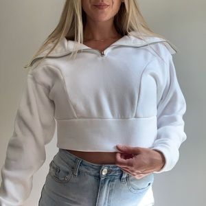 White cropped hoodie. Sailor style cute neckline.
